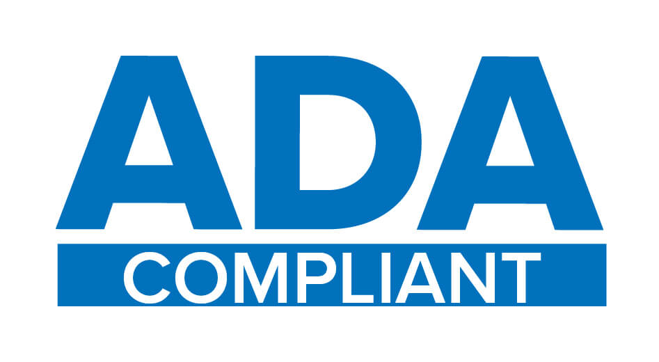 The image displays a logo with the text "ADA COMPLIANT" in bold, capital letters. The acronym "ADA" is above the word "COMPLIANT," aligned center. The letters are in a bright blue color set against a clean white background, giving it a crisp, official appearance. This logo likely indicates adherence to the Americans with Disabilities Act (ADA) standards.